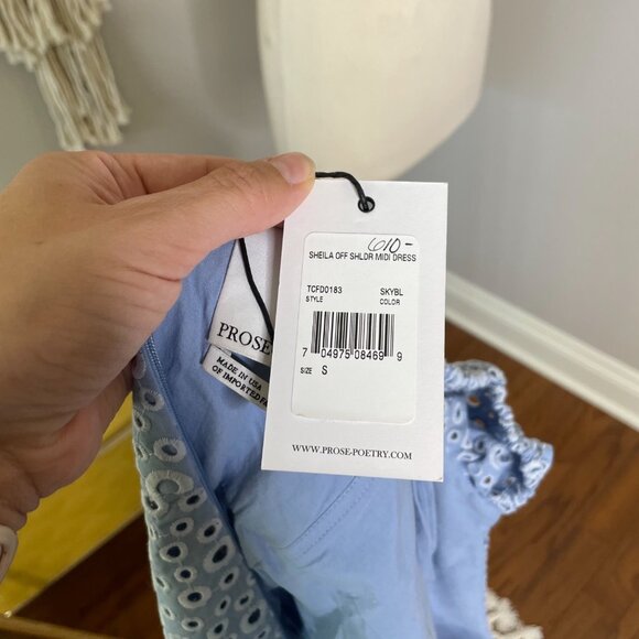 Prose & Poetry Sheila Midi Dress Size Small Blue Eyelet Off the Shoulder New - Picture 11 of 13